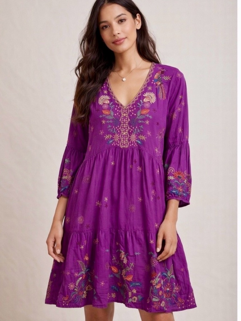 Beautiful Johnny Was Floral Embroidered Tiered Dress body 💯 Cotton xs s